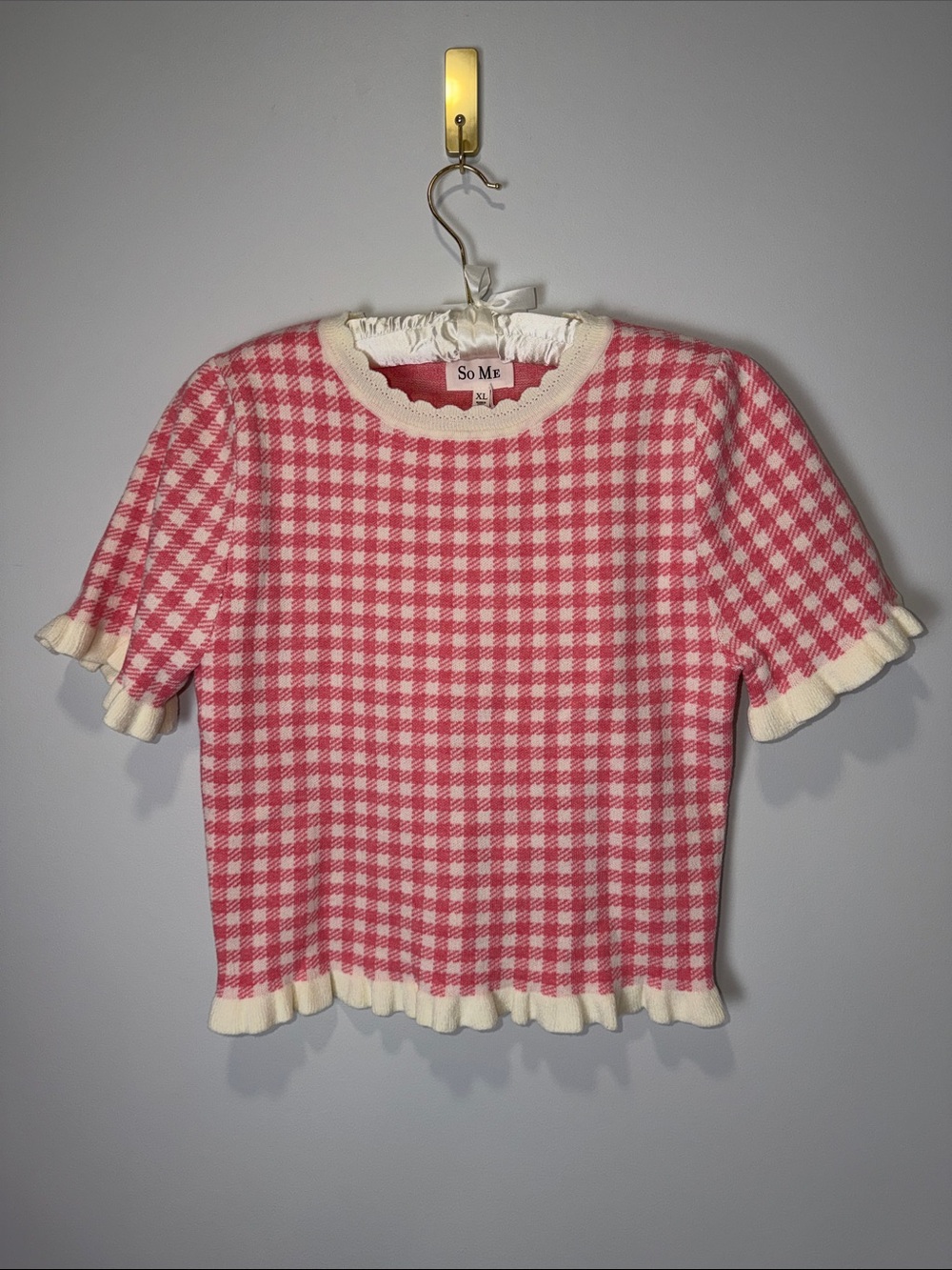 SO ME XL White Ivory Pink Gingham Knit Ruffle Trim Short Sleeve Sweater Top - Picture 8 of 13